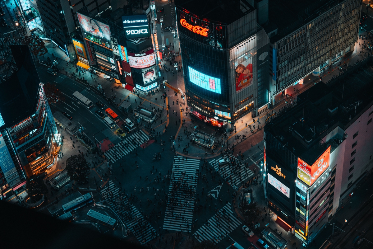 Shibuya crossing night aerial