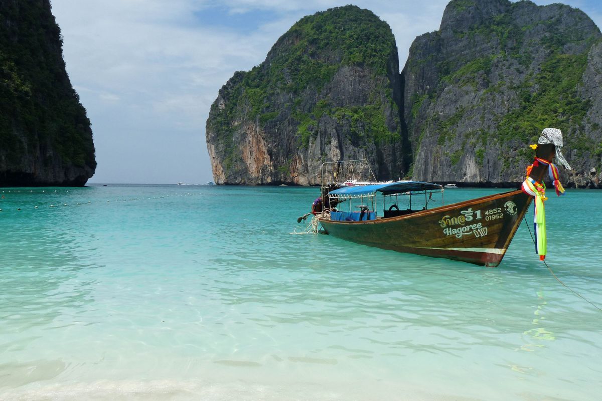 Thailand empty beach longtail boat island