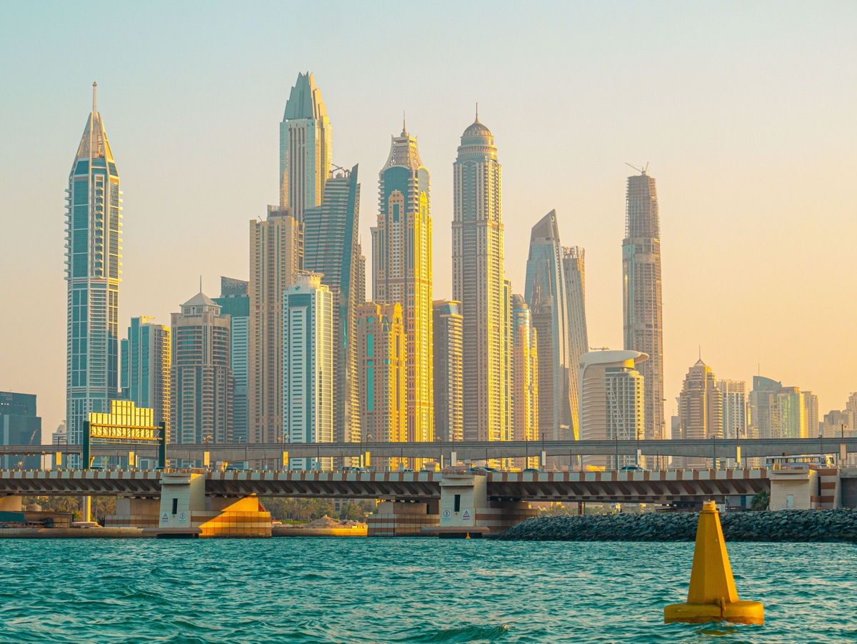 Dubai Marina golden hour skyline waterfront