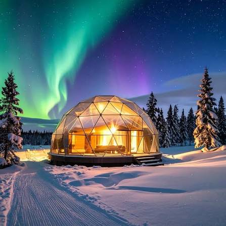 glass igloo aurora northern lights snow Lapland 