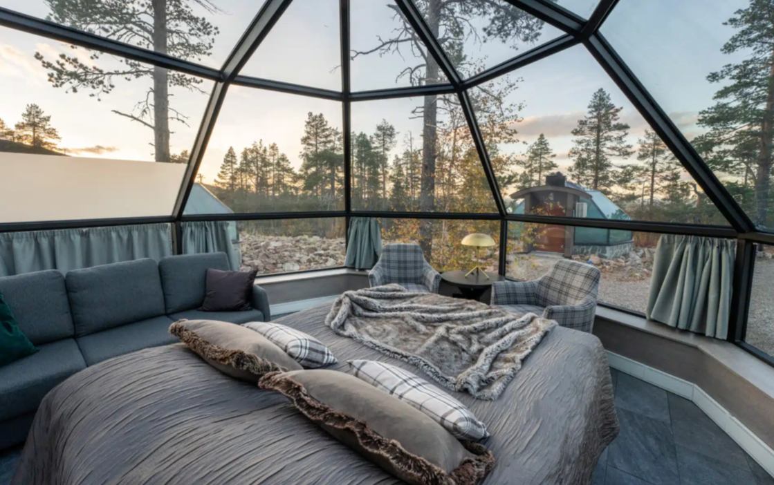 glass igloo interior bed glass roof night sky