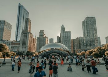 Crowded tourist landmark with travelers