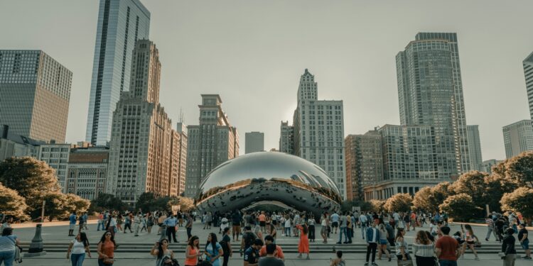 Crowded tourist landmark with travelers