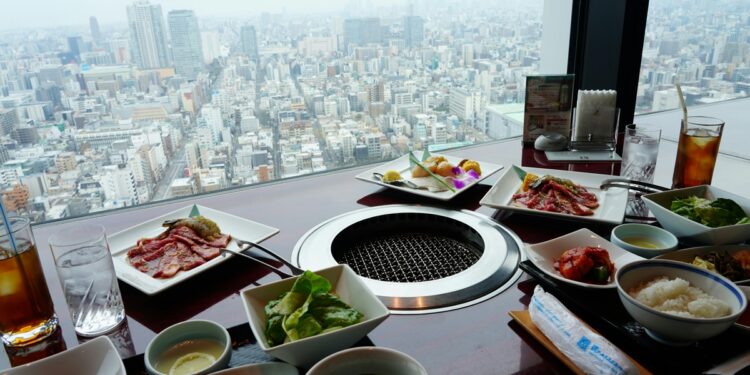 Overhead spread of traditional Tokyo food